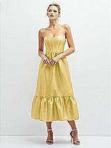 Front View Thumbnail - Maize Strapless Satin Midi Corset Dress with Lace-Up Back & Ruffle Hem