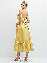 Rear View Thumbnail - Maize Strapless Satin Midi Corset Dress with Lace-Up Back & Ruffle Hem