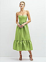 Front View Thumbnail - Mojito Strapless Satin Midi Corset Dress with Lace-Up Back & Ruffle Hem