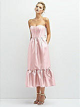 Alt View 1 Thumbnail - Ballet Pink Strapless Satin Midi Corset Dress with Lace-Up Back & Ruffle Hem