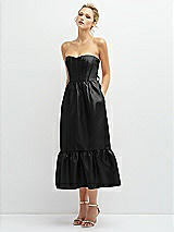 Alt View 1 Thumbnail - Black Strapless Satin Midi Corset Dress with Lace-Up Back & Ruffle Hem