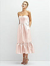 Alt View 1 Thumbnail - Blush Strapless Satin Midi Corset Dress with Lace-Up Back & Ruffle Hem