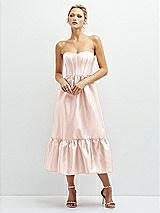 Front View Thumbnail - Blush Strapless Satin Midi Corset Dress with Lace-Up Back & Ruffle Hem