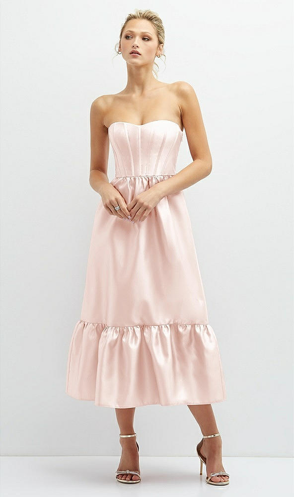 Front View - Blush Strapless Satin Midi Corset Dress with Lace-Up Back & Ruffle Hem