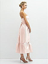 Side View Thumbnail - Blush Strapless Satin Midi Corset Dress with Lace-Up Back & Ruffle Hem