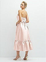 Rear View Thumbnail - Blush Strapless Satin Midi Corset Dress with Lace-Up Back & Ruffle Hem