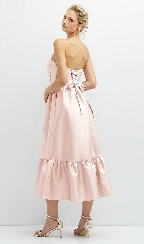 Back View - Blush Strapless Satin Midi Corset Dress with Lace-Up Back & Ruffle Hem