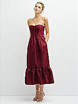 Alt View 1 Thumbnail - Burgundy Strapless Satin Midi Corset Dress with Lace-Up Back & Ruffle Hem