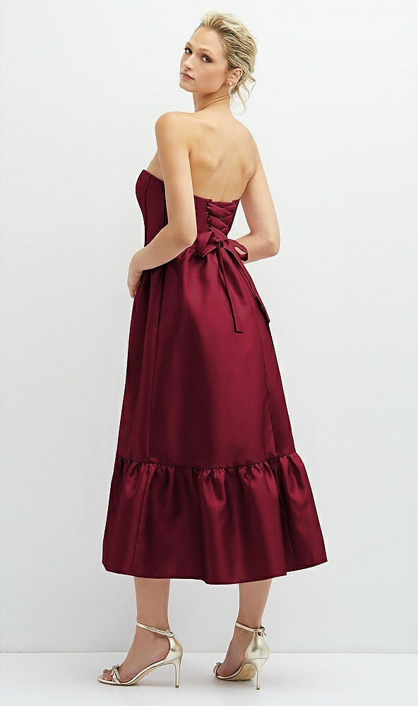 Back View - Burgundy Strapless Satin Midi Corset Dress with Lace-Up Back & Ruffle Hem