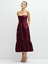 Alt View 1 Thumbnail - Cabernet Strapless Satin Midi Corset Dress with Lace-Up Back & Ruffle Hem