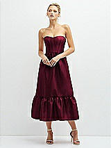 Front View Thumbnail - Cabernet Strapless Satin Midi Corset Dress with Lace-Up Back & Ruffle Hem