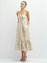 Alt View 1 Thumbnail - Champagne Strapless Satin Midi Corset Dress with Lace-Up Back & Ruffle Hem