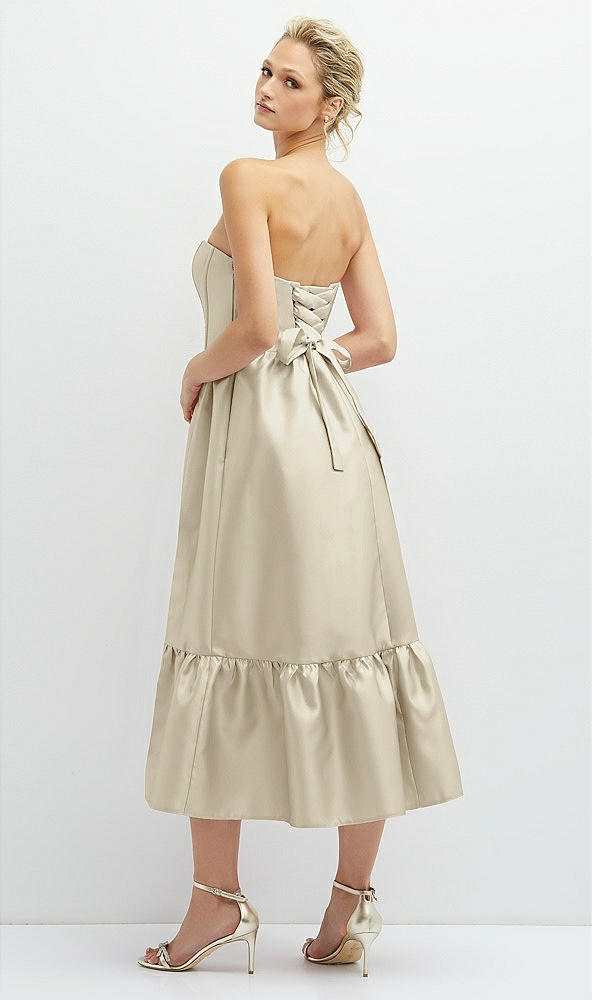 Back View - Champagne Strapless Satin Midi Corset Dress with Lace-Up Back & Ruffle Hem