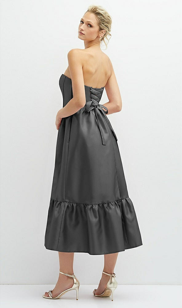 Back View - Gunmetal Strapless Satin Midi Corset Dress with Lace-Up Back & Ruffle Hem