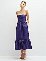 Alt View 1 Thumbnail - Grape Strapless Satin Midi Corset Dress with Lace-Up Back & Ruffle Hem