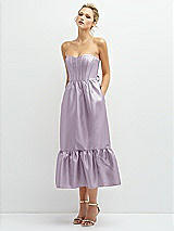 Alt View 1 Thumbnail - Lilac Haze Strapless Satin Midi Corset Dress with Lace-Up Back & Ruffle Hem