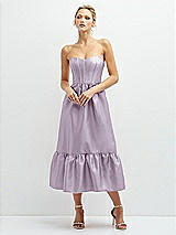 Front View Thumbnail - Lilac Haze Strapless Satin Midi Corset Dress with Lace-Up Back & Ruffle Hem