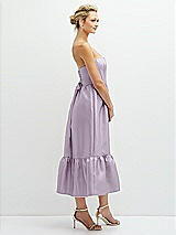 Side View Thumbnail - Lilac Haze Strapless Satin Midi Corset Dress with Lace-Up Back & Ruffle Hem