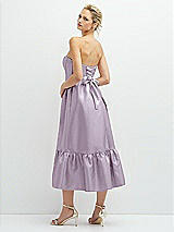 Rear View Thumbnail - Lilac Haze Strapless Satin Midi Corset Dress with Lace-Up Back & Ruffle Hem