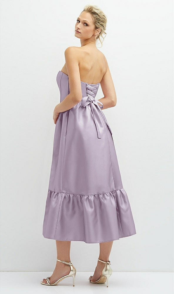 Back View - Lilac Haze Strapless Satin Midi Corset Dress with Lace-Up Back & Ruffle Hem