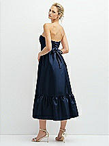 Rear View Thumbnail - Midnight Navy Strapless Satin Midi Corset Dress with Lace-Up Back & Ruffle Hem