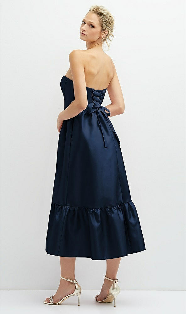 Back View - Midnight Navy Strapless Satin Midi Corset Dress with Lace-Up Back & Ruffle Hem