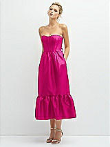 Alt View 1 Thumbnail - Think Pink Strapless Satin Midi Corset Dress with Lace-Up Back & Ruffle Hem