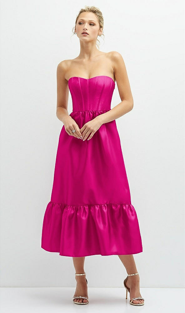 Front View - Think Pink Strapless Satin Midi Corset Dress with Lace-Up Back & Ruffle Hem