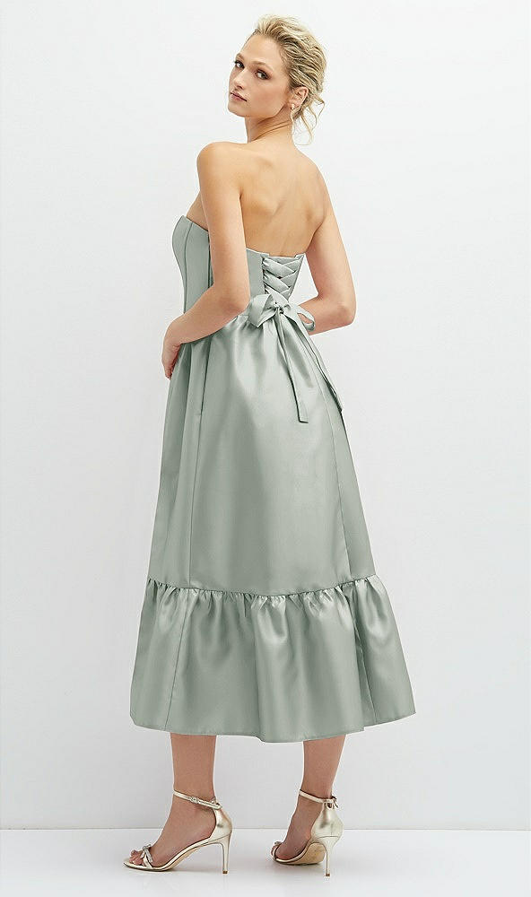 Back View - Willow Green Strapless Satin Midi Corset Dress with Lace-Up Back & Ruffle Hem