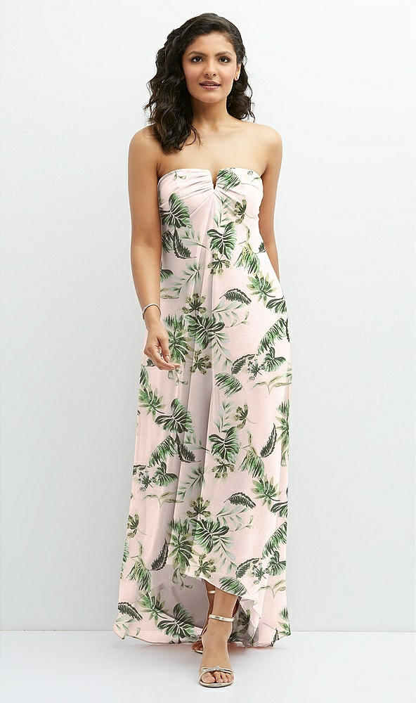 Front View - Palm Beach Print Strapless Draped Notch Neck Chiffon High-Low Dress