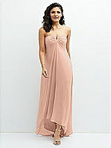 Front View Thumbnail - Pale Peach Strapless Draped Notch Neck Chiffon High-Low Dress