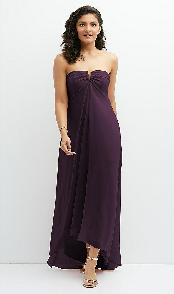 Front View - Aubergine Strapless Draped Notch Neck Chiffon High-Low Dress