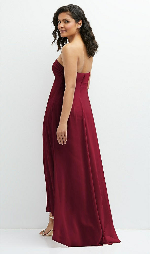 Back View - Burgundy Strapless Draped Notch Neck Chiffon High-Low Dress