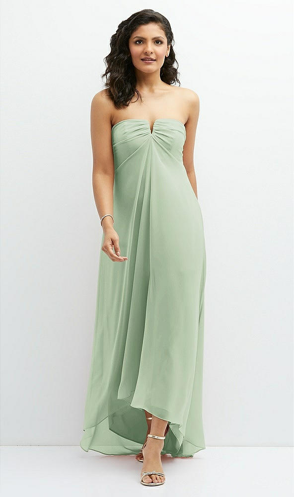 Front View - Celadon Strapless Draped Notch Neck Chiffon High-Low Dress