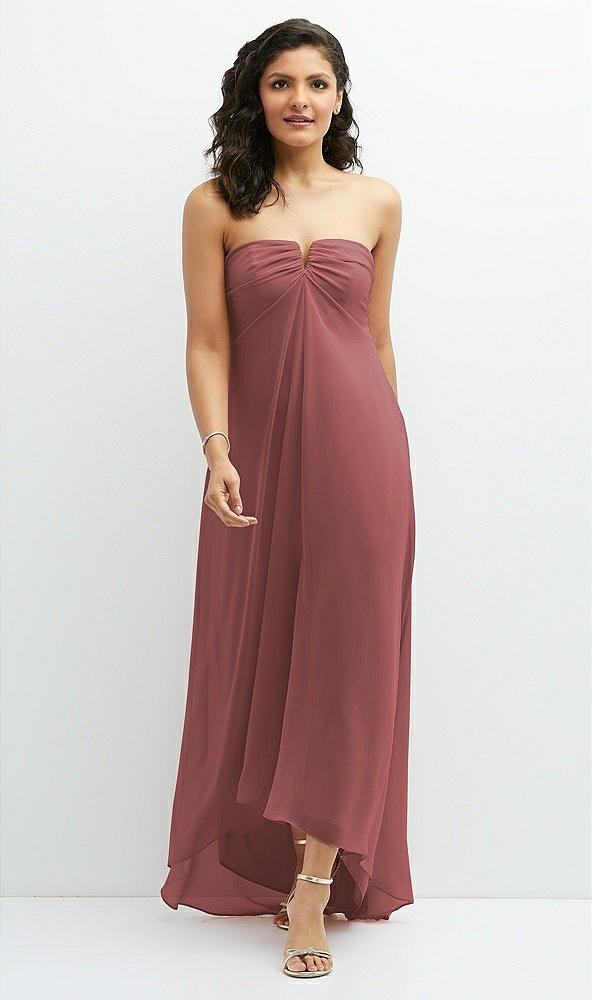 Front View - English Rose Strapless Draped Notch Neck Chiffon High-Low Dress