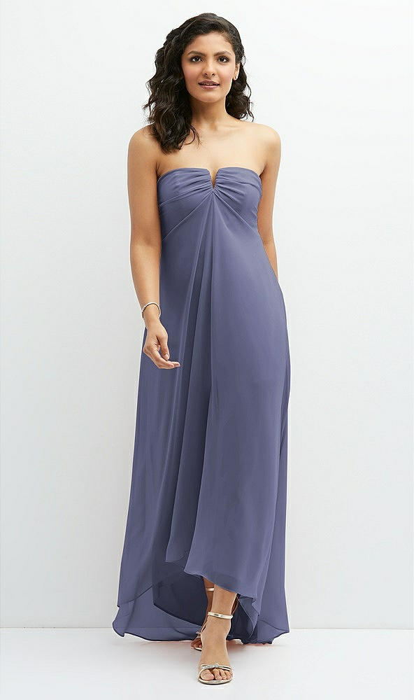 Front View - French Blue Strapless Draped Notch Neck Chiffon High-Low Dress