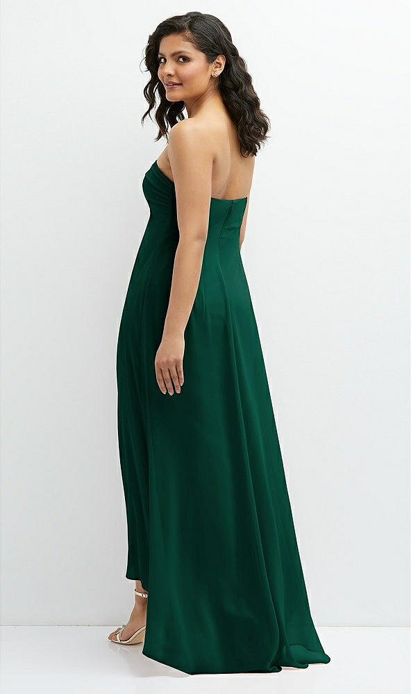 Back View - Hunter Green Strapless Draped Notch Neck Chiffon High-Low Dress