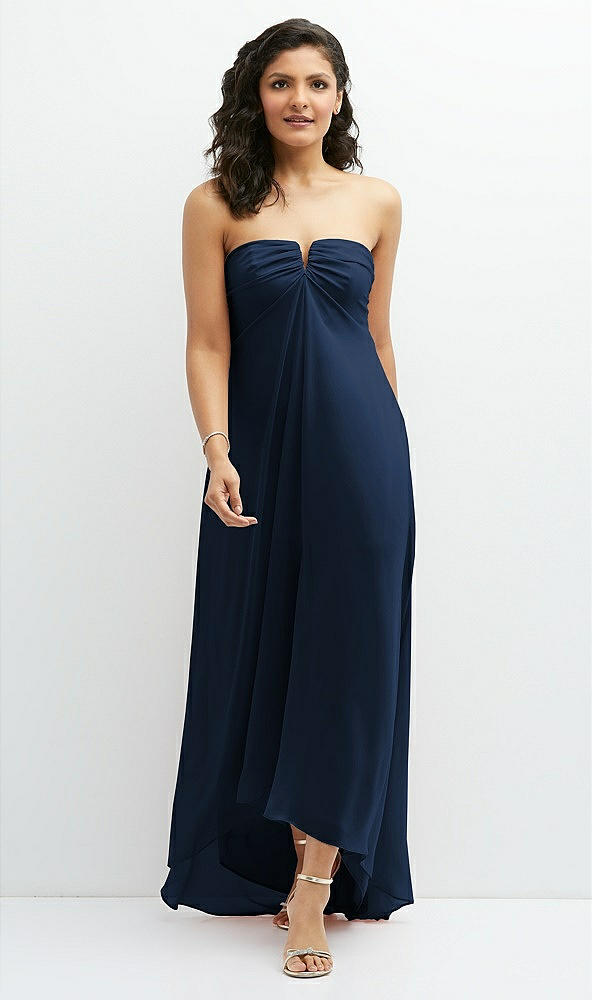 Front View - Midnight Navy Strapless Draped Notch Neck Chiffon High-Low Dress