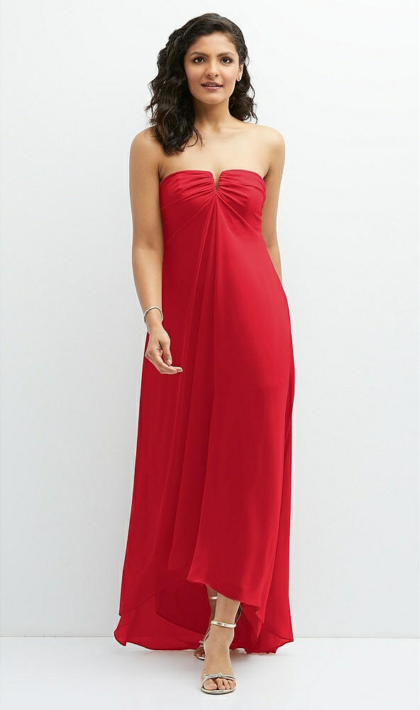 Front View - Parisian Red Strapless Draped Notch Neck Chiffon High-Low Dress