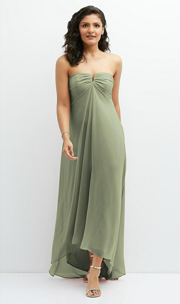 Front View - Sage Strapless Draped Notch Neck Chiffon High-Low Dress