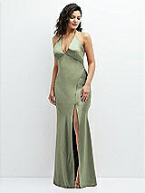 Front View Thumbnail - Sage Plunge Halter Open-Back Maxi Bias Dress with Low Tie Back