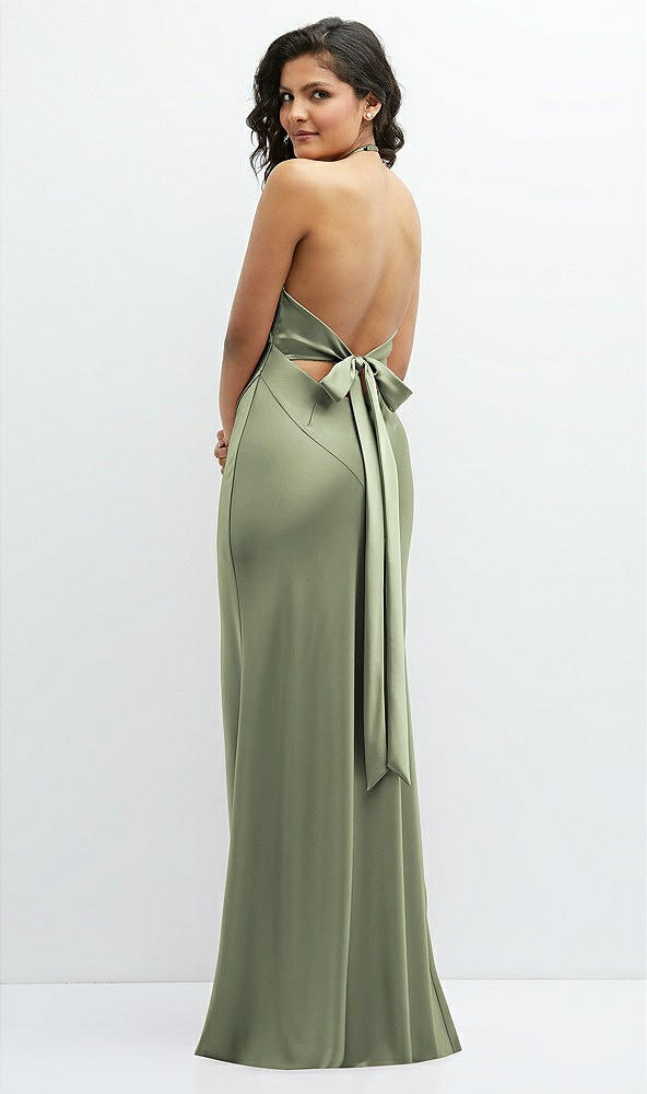 Back View - Sage Plunge Halter Open-Back Maxi Bias Dress with Low Tie Back