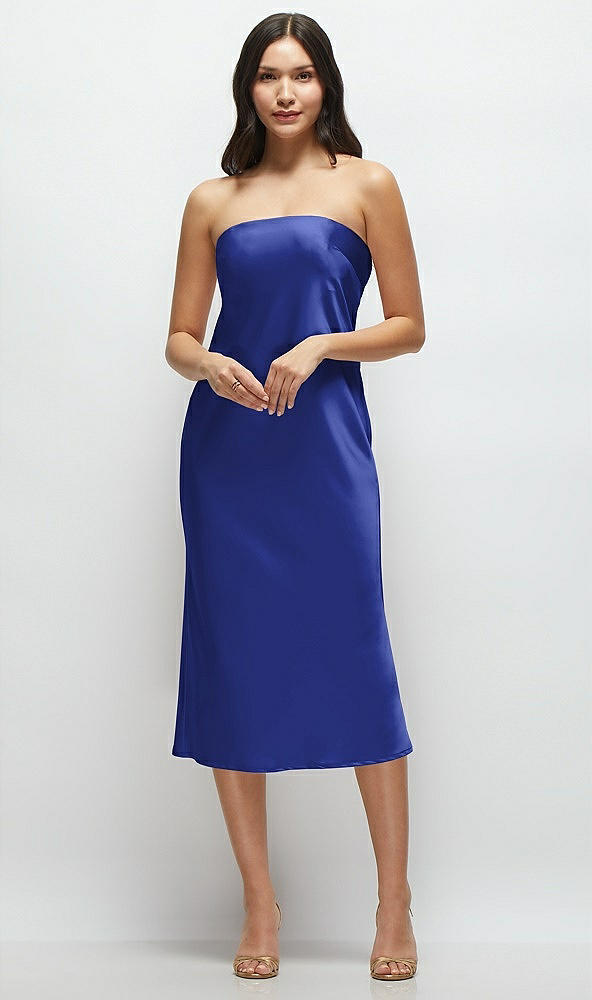 Front View - Cobalt Blue Strapless Midi Bias Column Dress with Peek-a-Boo Corset Back