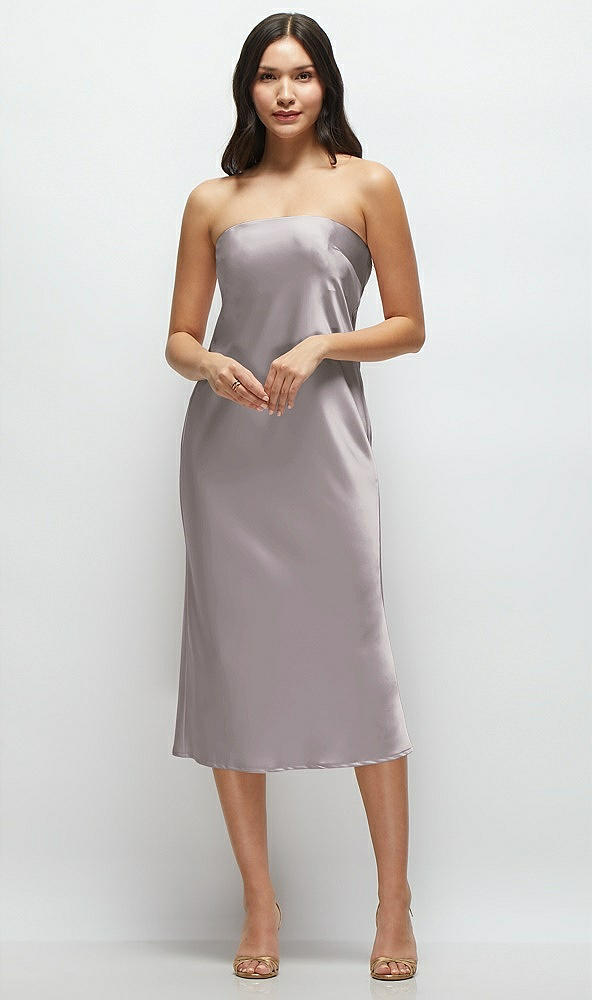 Front View - Cashmere Gray Strapless Midi Bias Column Dress with Peek-a-Boo Corset Back