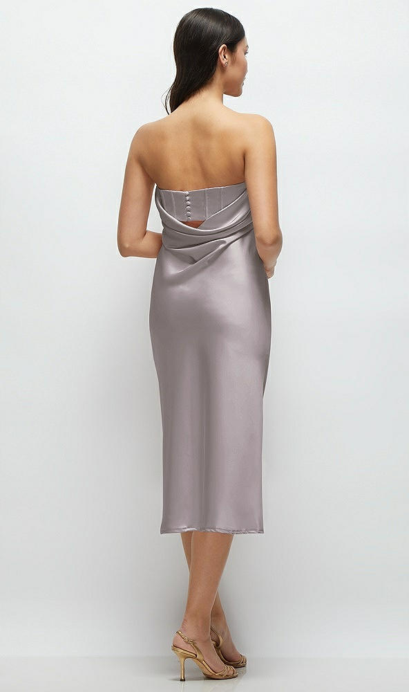 Back View - Cashmere Gray Strapless Midi Bias Column Dress with Peek-a-Boo Corset Back