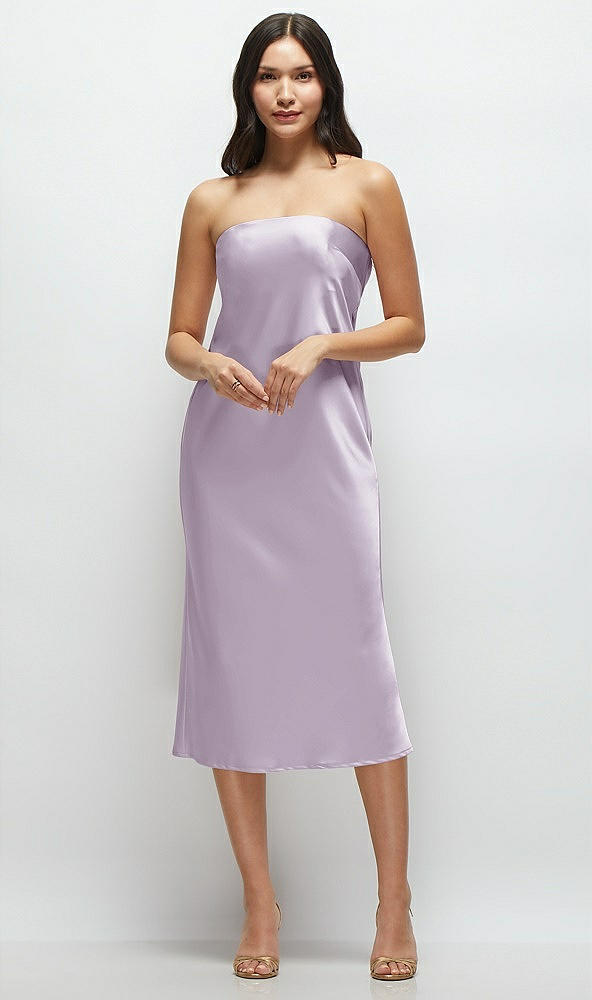 Front View - Lilac Haze Strapless Midi Bias Column Dress with Peek-a-Boo Corset Back