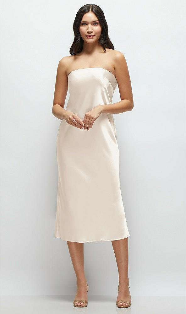 Front View - Oat Strapless Midi Bias Column Dress with Peek-a-Boo Corset Back