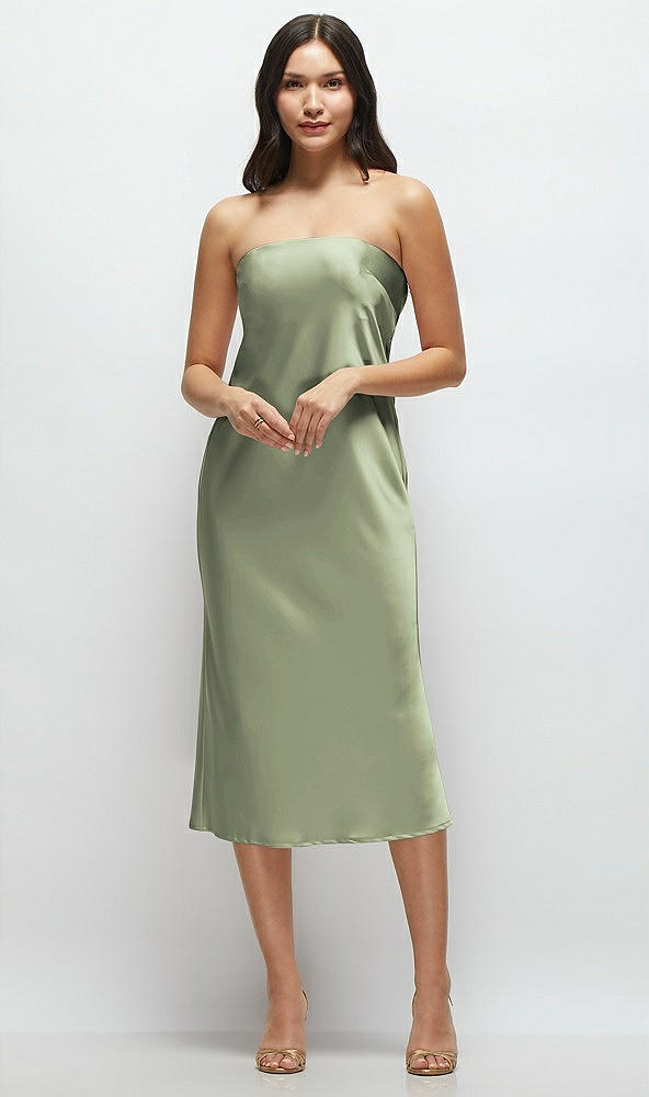 Front View - Sage Strapless Midi Bias Column Dress with Peek-a-Boo Corset Back