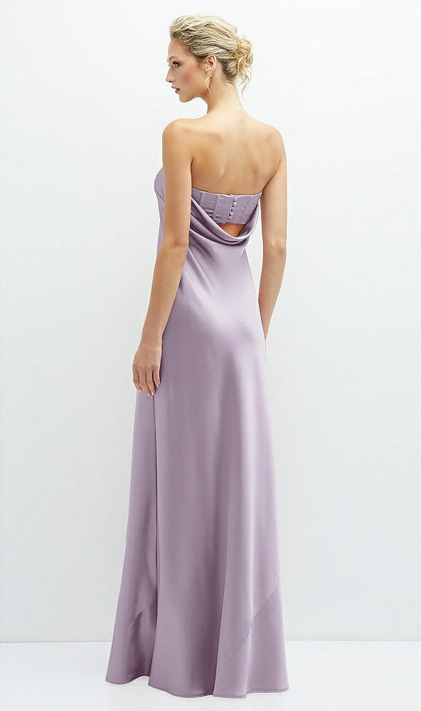 Back View - Lilac Haze Strapless Maxi Bias Column Dress with Peek-a-Boo Corset Back