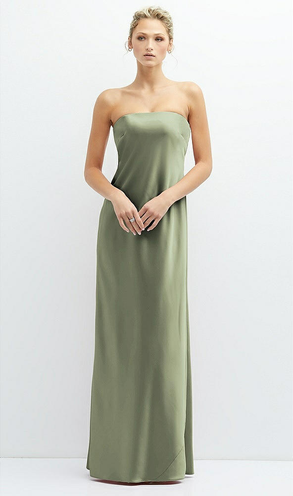 Front View - Sage Strapless Maxi Bias Column Dress with Peek-a-Boo Corset Back